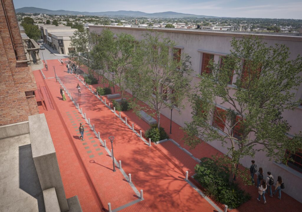 Así quedará la nueva vía semipeatonal frente al Liceo Fabini de Minas. (Render el proyecto arquitectónico)